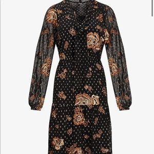 Express metallic embroidered MIDI tie-neck dress, black and gold, size small.